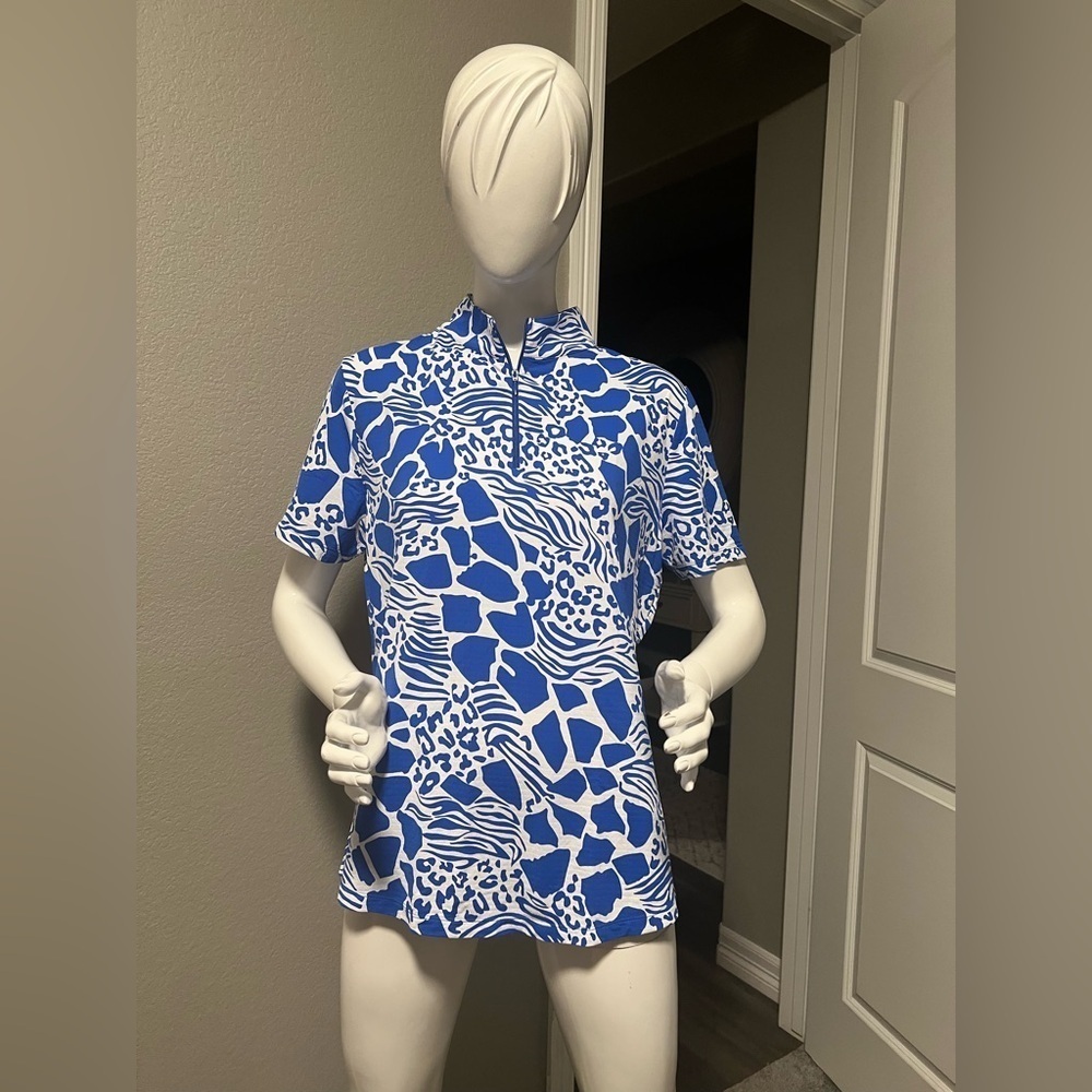 IBKUL Icefil Bianca Navy Animal Print Short Sleeve Top Golf size XL